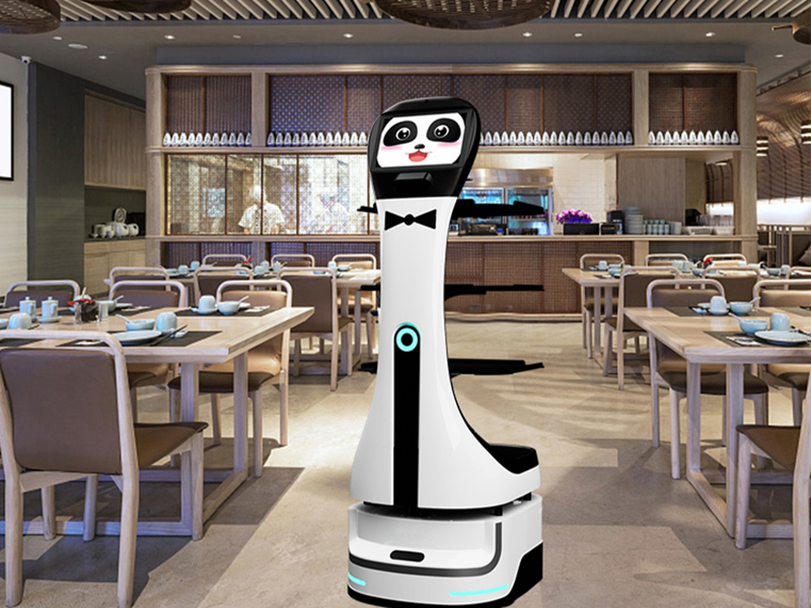 Panda food delivery robot shown in a restaurant service environment