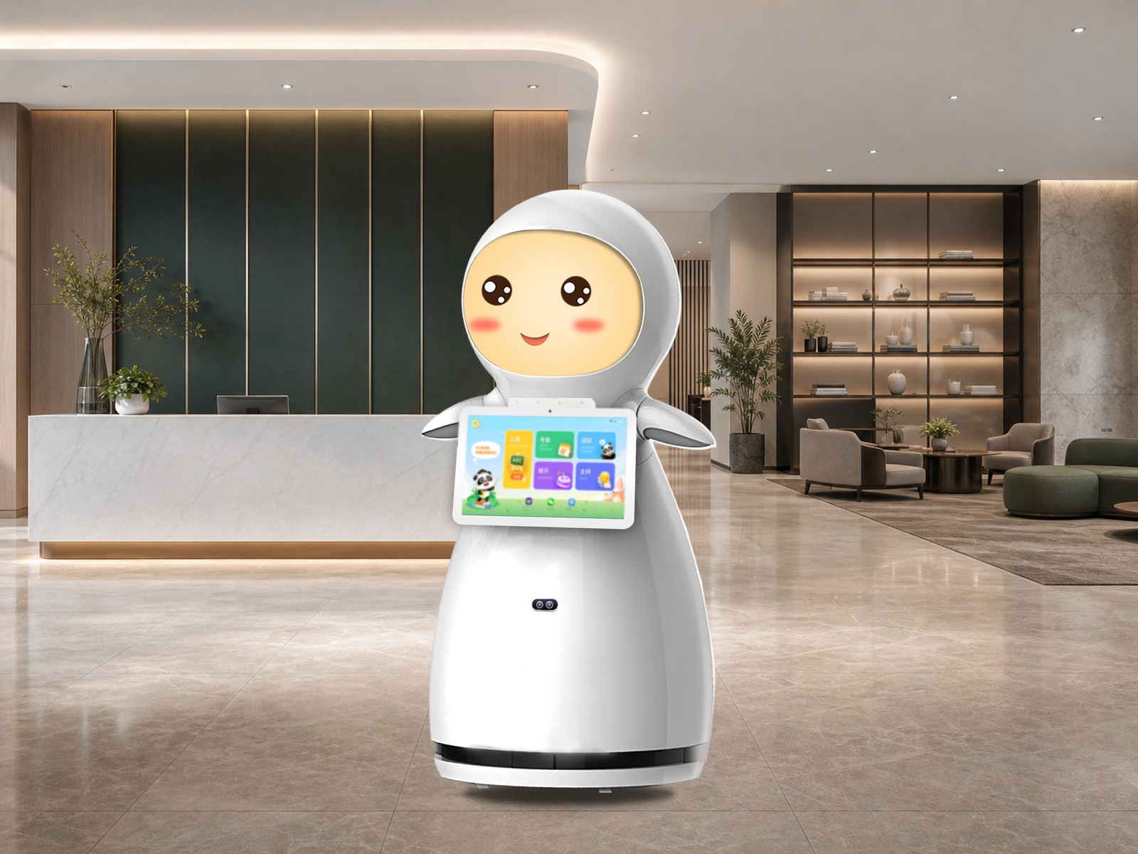 Snow Reception Robot in a front desk lobby environment